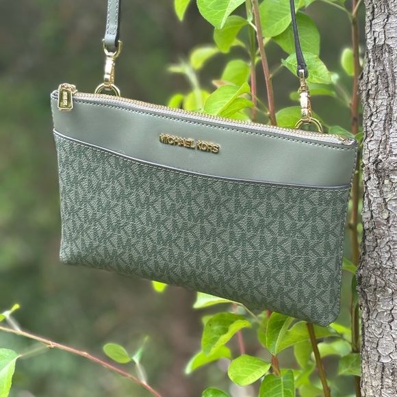 Michael Kors Olive Green Monogram Wristlet Crossbody